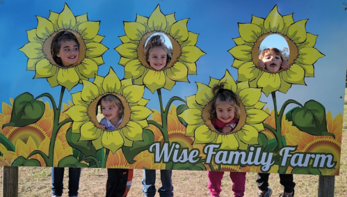 Five children peek through sunflower cutouts at Wise Family Farm, smiling and enjoying a fun outdoor activity.