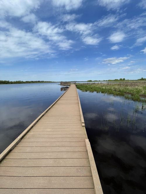 A wooden boardwalk extends over calm water, leading to a distant observation platform under a blue sky with clouds.