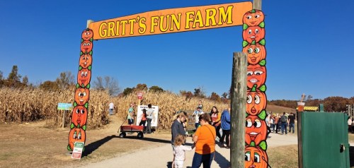 Entrance to Gritt's Fun Farm, featuring colorful orange decorations and visitors enjoying a sunny day in the countryside.
