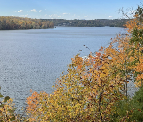 A serene river scene surrounded by autumn foliage, with clear blue skies and gentle waves.
