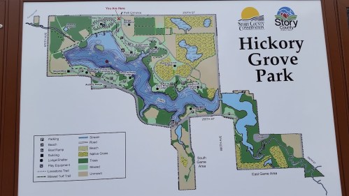 Map of Hickory Grove Park showing trails, water features, and park amenities. Key includes symbols for activities.