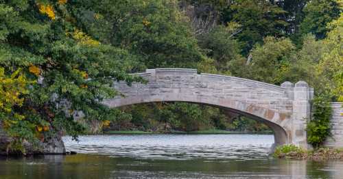 A stone bridge arches over a calm lake, surrounded by lush greenery and autumn foliage.