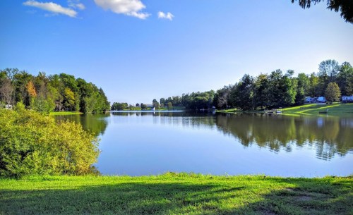 A serene lake surrounded by lush greenery and trees under a clear blue sky. Reflections shimmer on the water's surface.