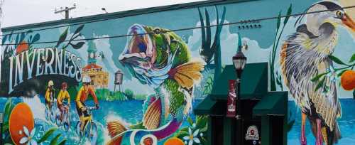 Colorful mural featuring fish, birds, and cyclists, celebrating the town of Inverness with vibrant nature scenes.