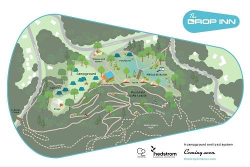 Map of The Drop Inn campground and trail system, featuring campsites, trails, and natural areas. Coming soon!