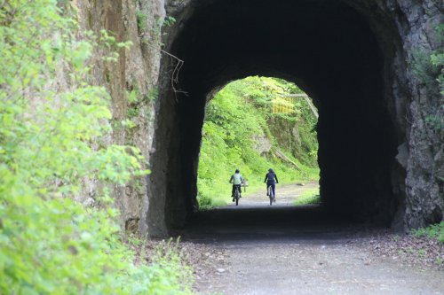 Two cyclists ride through a lush, green tunnel surrounded by rocky walls.