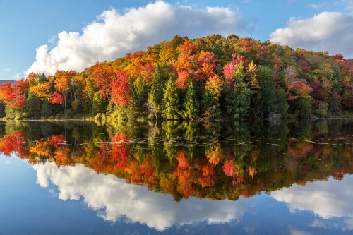 A serene lake reflects a vibrant autumn forest with colorful leaves under a blue sky and fluffy clouds.