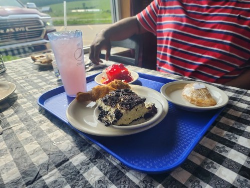 A blue tray with dessert, fried chicken, and a drink, set on a checkered tablecloth. A hand is visible in the background.