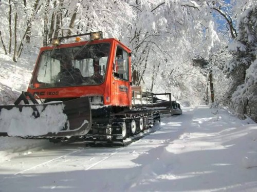 An orange snowplow clears a snow-covered road surrounded by trees blanketed in white snow.