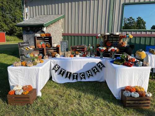 A decorated table with pumpkins, flowers, and crafts, featuring a sign that reads "STITCH22" in a grassy outdoor setting.