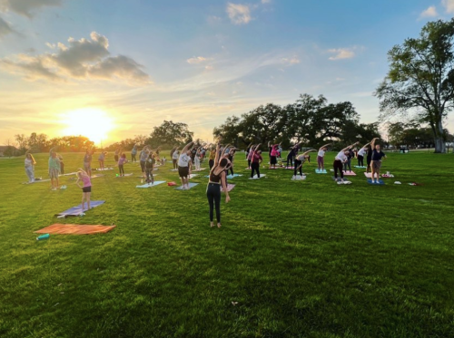 A group of people practicing yoga outdoors on a grassy field during sunset.