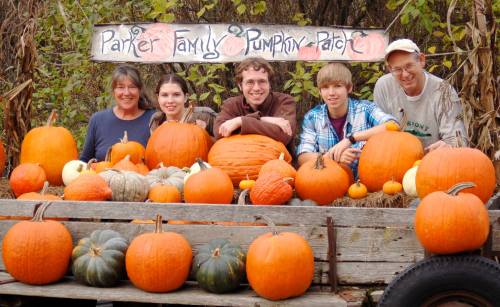 A family poses at a pumpkin patch, surrounded by various pumpkins on a wooden cart with a sign above them.