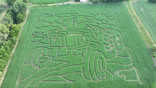 Aerial view of a corn maze featuring a tractor design, surrounded by green fields and a sunny sky.