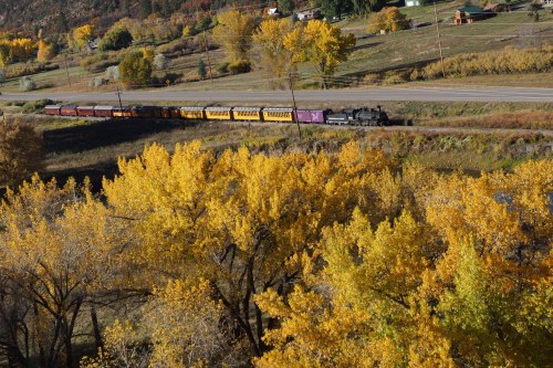 A vintage train travels along a scenic route, surrounded by vibrant autumn foliage and rolling hills.