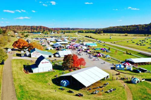 Aerial view of a vibrant outdoor festival with tents, colorful trees, and open fields under a clear blue sky.