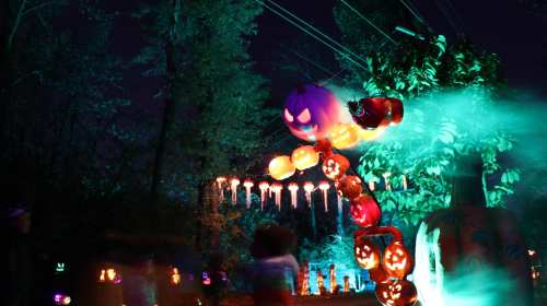 A spooky Halloween display featuring glowing pumpkins and eerie fog, set against a dark, illuminated backdrop.