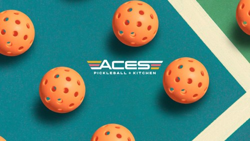 A teal background with orange pickleball balls scattered, featuring the logo for ACES Pickleball + Kitchen.