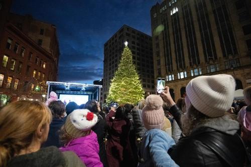 A crowd gathers at dusk to watch a large, illuminated Christmas tree being lit, with buildings in the background.