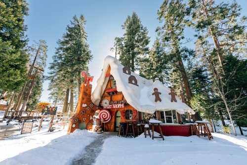 A whimsical gingerbread shop with a snowy roof, surrounded by tall evergreen trees in a winter landscape.