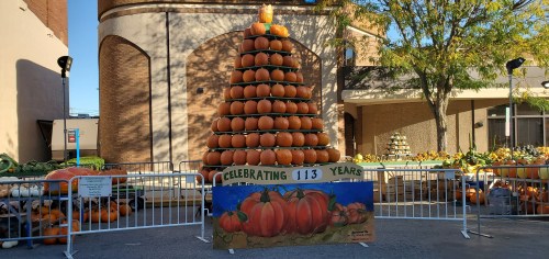 A tall pyramid of pumpkins with a sign reading "Celebrating 113 Years" in front of a building and trees.