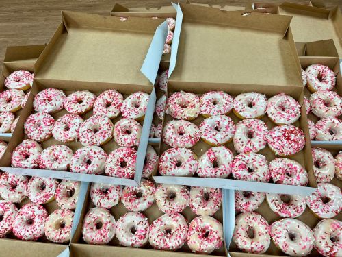 A collection of boxes filled with donuts topped with pink icing and sprinkles, arranged neatly on a surface.