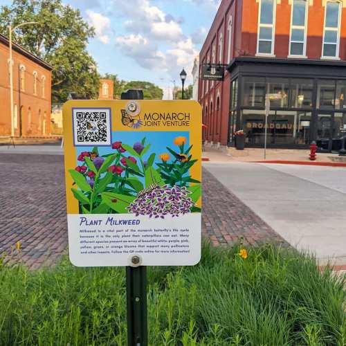 Sign for Monarch Joint Venture featuring a QR code and information about plant milkweed, with a colorful illustration.