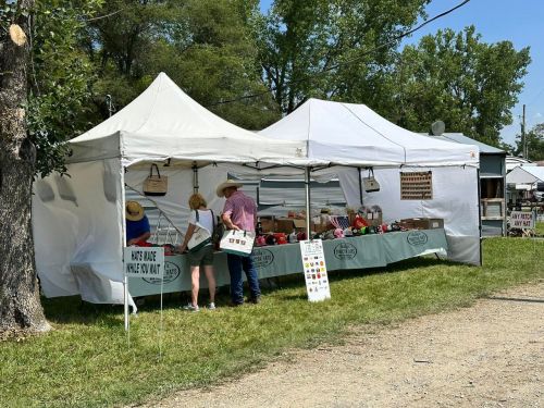 Two people browse a vendor's booth with white tents, displaying handmade items and bags at an outdoor market.