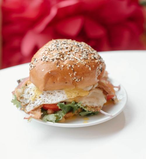 A sesame seed bun sandwich with lettuce, tomato, bacon, and a fried egg on a white plate.