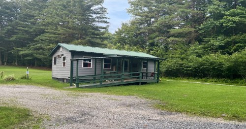 A small gray cabin with a green roof and porch, surrounded by trees and grass in a peaceful outdoor setting.
