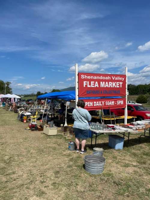 A person browsing items at the Shenandoah Valley Flea Market, with tents and a sign displaying market hours in the background.