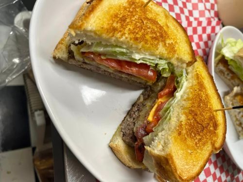A toasted sandwich cut in half, filled with a beef patty, lettuce, tomato, and ketchup, served on a white plate.