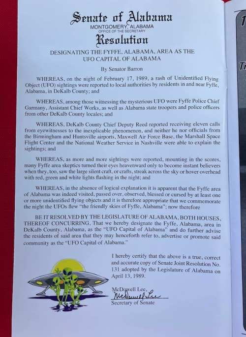 Document from the Senate of Alabama designating Fyffe as the UFO capital of Alabama, dated February 13, 1989.