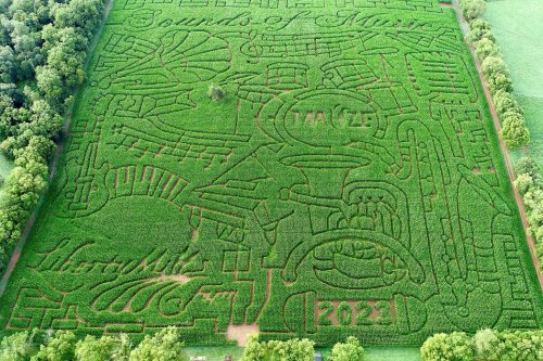 Aerial view of a corn maze featuring intricate designs, including musical notes and the year "2023."