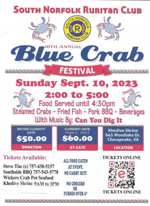 Event flyer for the 16th Annual Blue Crab Festival on Sept. 10, 2023, featuring food, music, and ticket details.