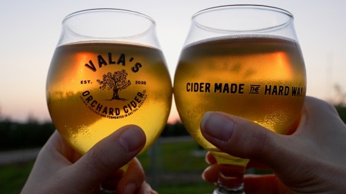 Two hands holding glasses of cider, toasting against a sunset backdrop, with logos visible on the glasses.