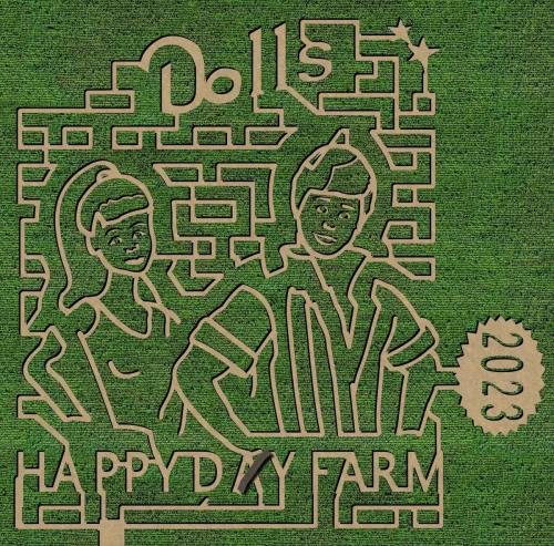 A corn maze design featuring two cartoon characters with the text "Poll's Happy Day Farm 2023."