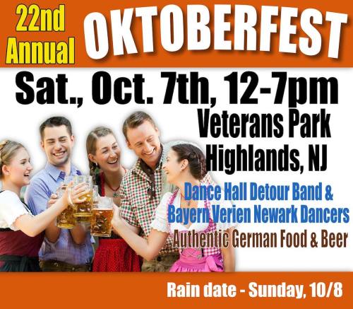 A festive flyer for the 22nd Annual Oktoberfest in Highlands, NJ, featuring food, beer, and live entertainment details.
