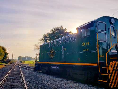 A green diesel locomotive numbered 304 sits beside railway tracks under a clear sky, with trees in the background.