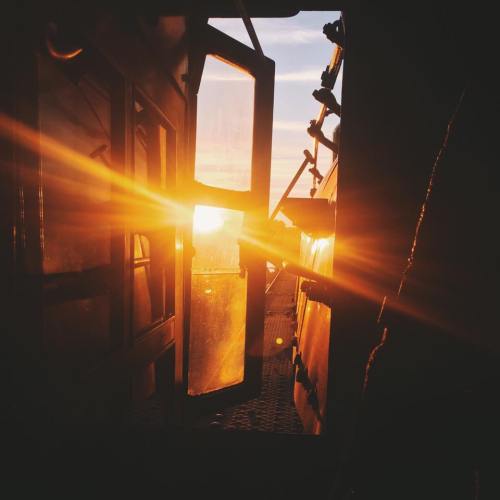Sunlight streams through an open door, casting warm rays and creating a serene atmosphere at sunset.