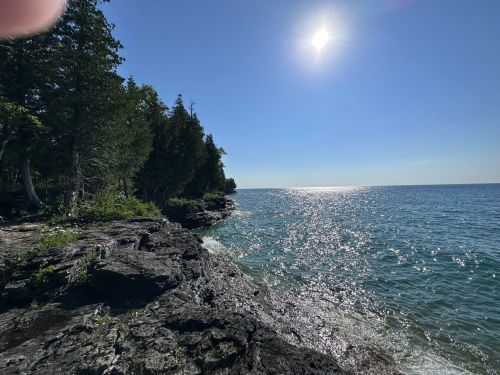 A sunny shoreline with rocky cliffs and trees, overlooking a sparkling blue lake under a clear sky.