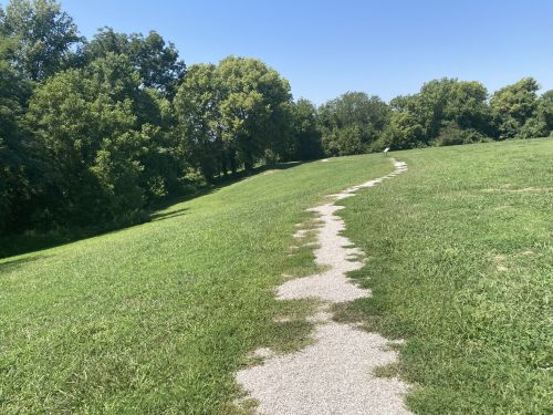 A winding gravel path through a grassy area, bordered by trees under a clear blue sky.