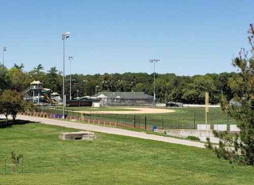 A sunny park scene featuring a baseball field, playground, and trees in the background.