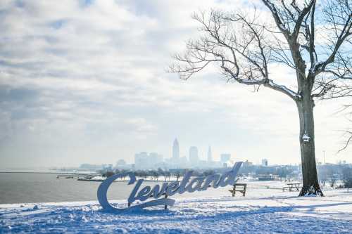 Snow-covered landscape with a "Cleveland" sign, a tree, and a view of the city skyline in the background.