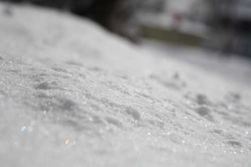 Close-up of sparkling snow covering the ground, with a soft focus and a blurred background.