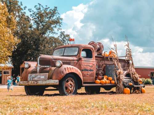A vintage rusty truck decorated with pumpkins and corn stalks, set in a grassy field under a cloudy sky.