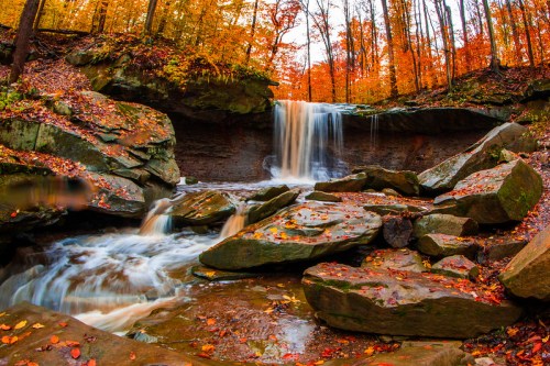 A serene waterfall cascades over rocks, surrounded by vibrant autumn foliage in a tranquil forest setting.