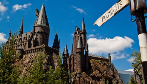 A majestic castle with tall spires and a signpost pointing to Hogwarts, set against a bright blue sky.