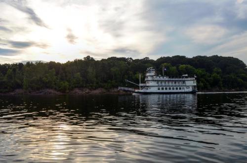 A riverboat glides along a calm waterway, surrounded by lush greenery under a cloudy sky.
