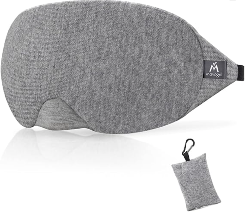 Gray sleep mask with a soft texture, accompanied by a small matching pouch for storage.