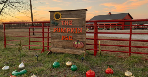 A wooden sign reading "The Pumpkin Pad" in front of a red barn at sunset, with decorative pumpkins in the foreground.